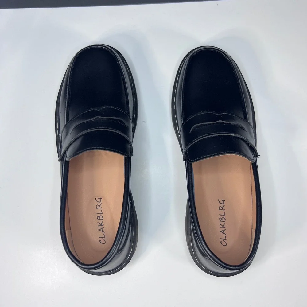 Black Penny Loafers Chunky Lug Sole Slip On Shoes Womens 8 US Preppy